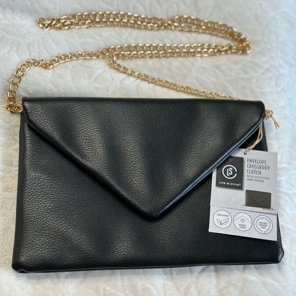 Black Envelope Crossbody Bag with Gold Chain
